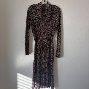 Vtg Lily Dress M Black Circle Print Cowl Neck Belted Stretch 90s Y2K Retro Gaudy